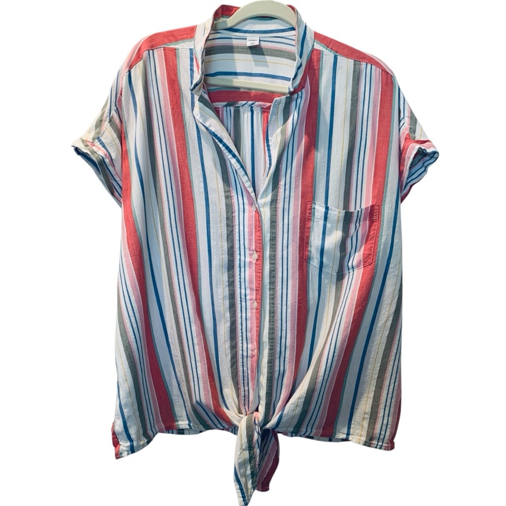 OLD NAVY Women’s Striped Button Down Top XXL Tie-front Cap Sleeve